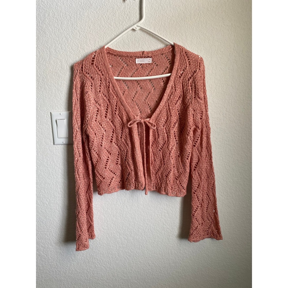 Lauren Conrad Women Pointelle Knit Boho Cardigan Size PS Pink Salmon Coquette